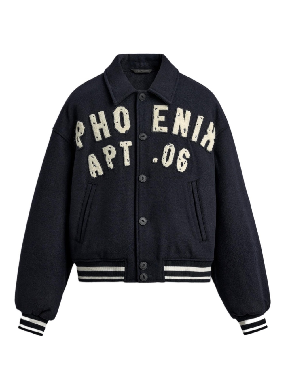 Zara Navy Letterman Jacket with Cream Varsity Appliqué